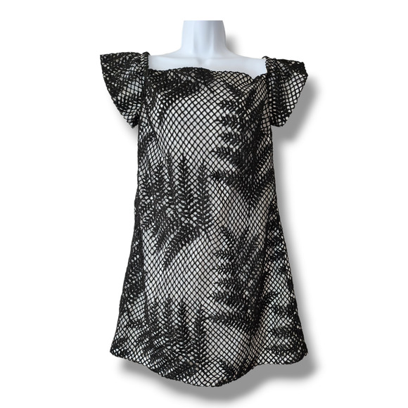 Hutch Off the Shoulder Cap Sleeve Dress – Black Mesh Leaf Overlay Size 6 - Picture 2 of 10